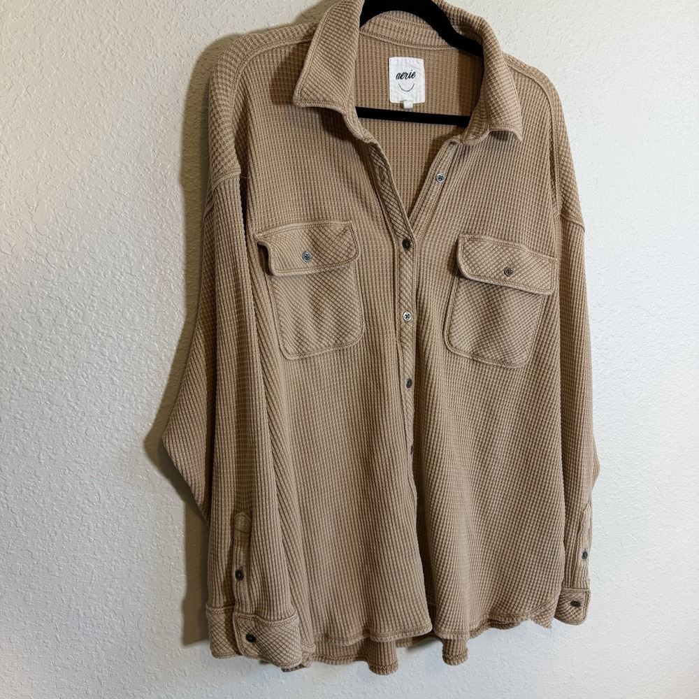 Aerie LumberJane Waffle Shirt Shacket‎ Oversized Large Button Up Minimalist Boho - Picture 3 of 10